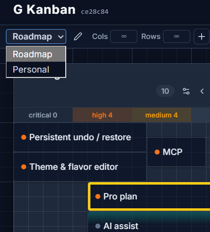 The board picker dropdown open in a pane header