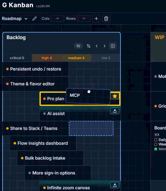 Adding a card and dragging it into position on the grid